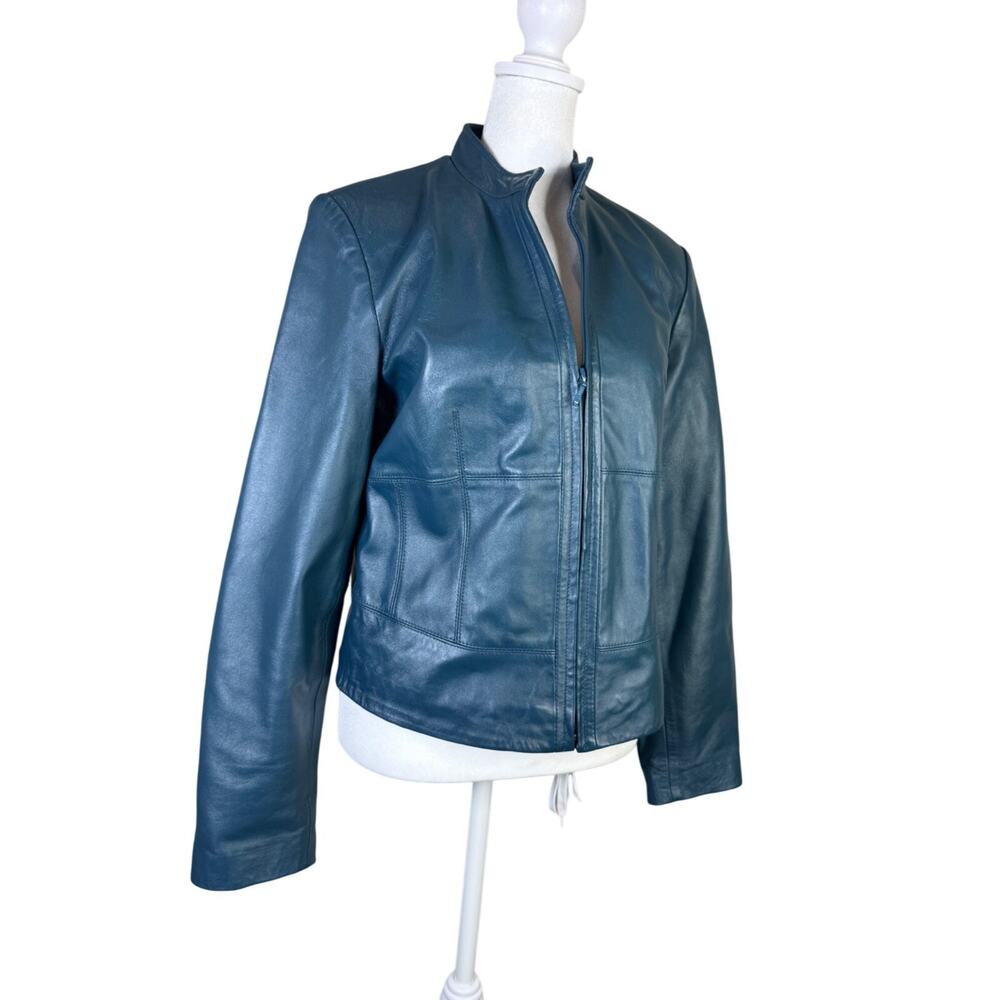 YVONNE LE MARIE Women Teal Blue Lamb Leather Moto Jacket 4 Full Zip Stand Collar